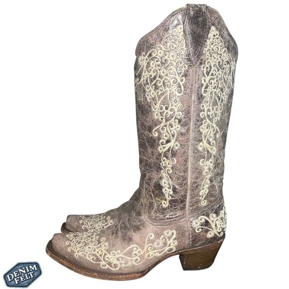 Corral Light Brown/Taupe Cream Crater Bone Embroidered Western Cowboy Boots - Picture 8 of 16